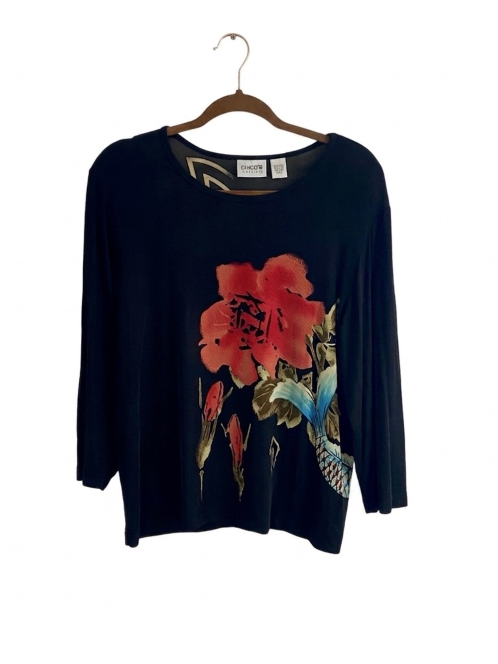 VTG Chico's Travelers Vintage Asian Art Koi Fish Hibiscus Shou Top Size 2 Large